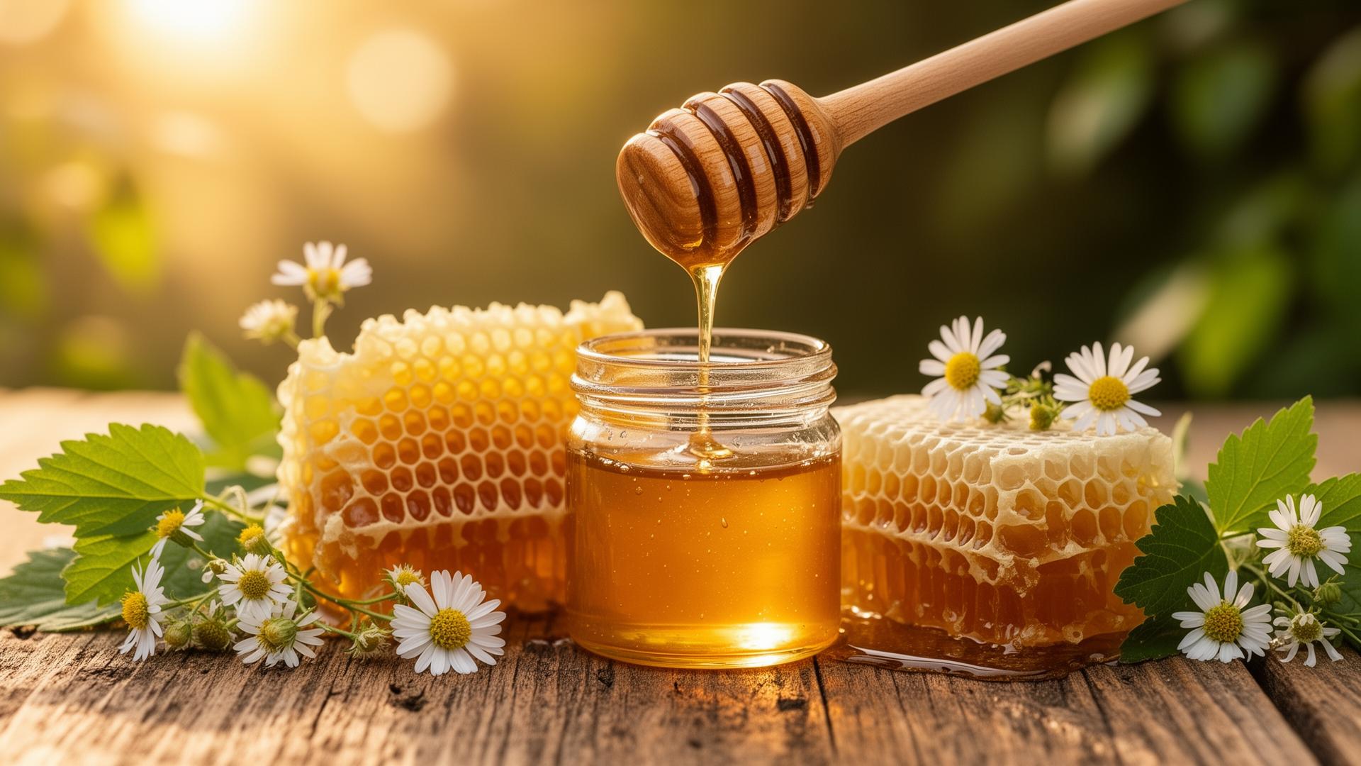 Pure natural honey with honeycomb and wildflowers